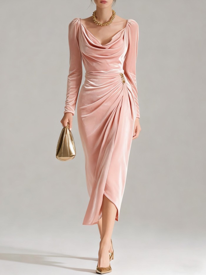 Women's Casual Gold Velvet Sexy New Long-Sleeve Slim Pleated Long Split Bodycon Dress