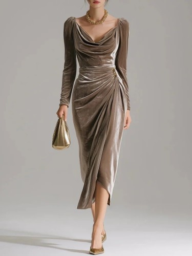 Women's Casual Gold Velvet Sexy New Long-Sleeve Slim Pleated Long Split Bodycon Dress