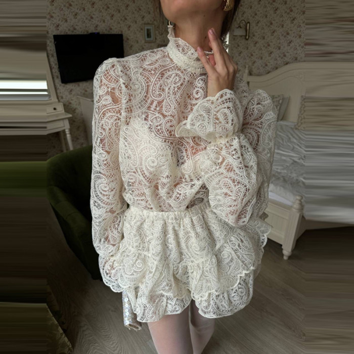 Elegant Solid Hollow Out Vacation Sets Spring New Women Loose Commute 2PC French Style Lace Lantern Sleeve Tops&Mini Skirts Sets