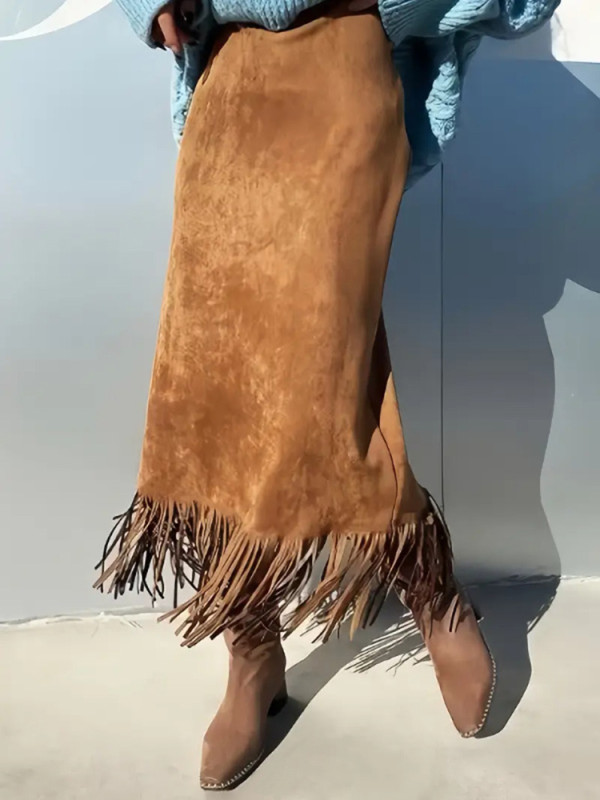 Casual Women's High Waist Commute Skirts Autumn Winter New Wrap Hips Skirt Vintage Solid High Waist Tassel Hem Suede-like Skirts