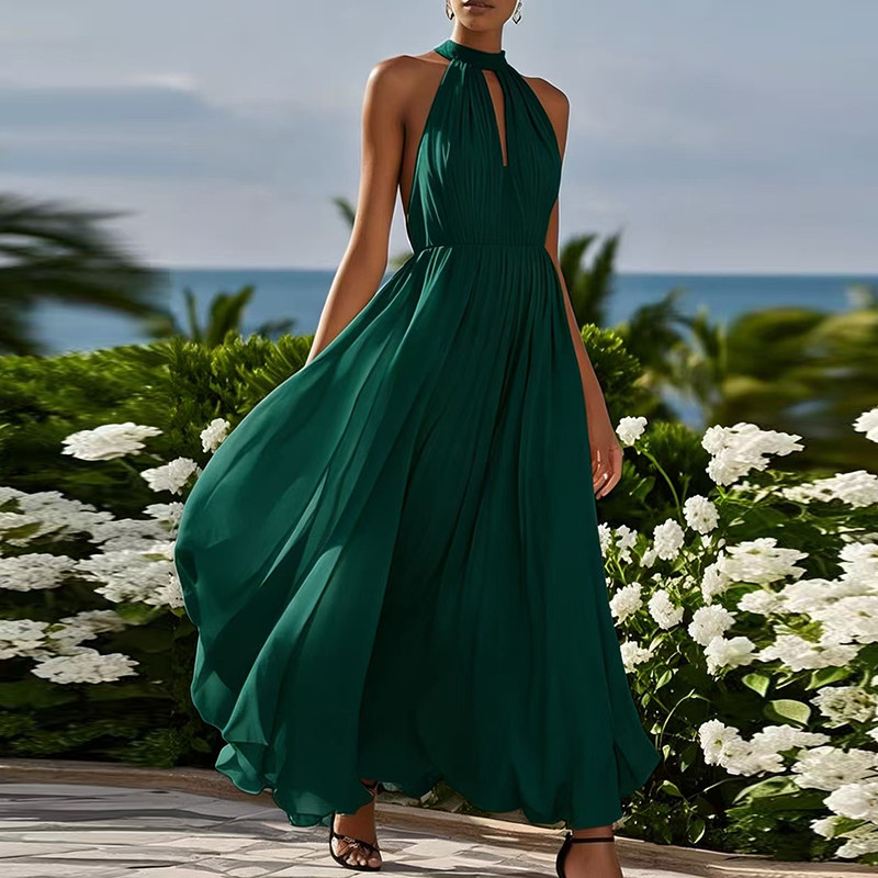 Elegant Sleeveless Loose Big Hem Banquet Dress Temperament Solid Color Maxi Dresses Sexy Halter High Waist Pleated Evening Dress