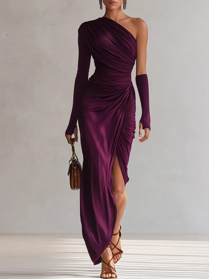 Elegant One-shoulder High Waist Party Dress New Pleated Slim Wrap Hips Dresses Sexy Slash Collar Asymmetry Solid Evening Dress