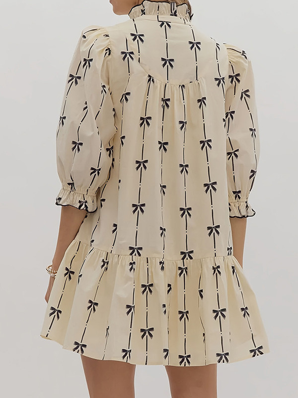 Split-Joint Printed Contrast Color Bowknot Short Sleeves Ruffle Sleeves Stand Collar Midi Dresses