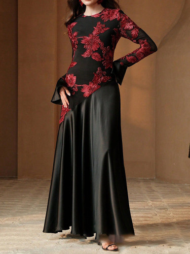 Temperament High Waist Dresses Vintage O-neck Embroidery Spliced Satin Evening Dress Elegant Flare Sleeve Women's Pleated Dress