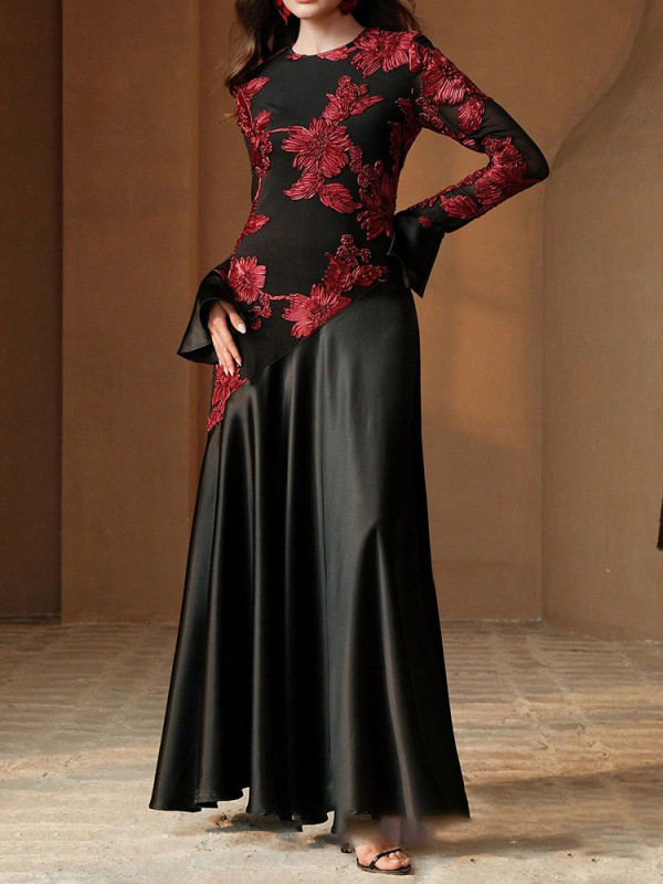Temperament High Waist Dresses Vintage O-neck Embroidery Spliced Satin Evening Dress Elegant Flare Sleeve Women's Pleated Dress