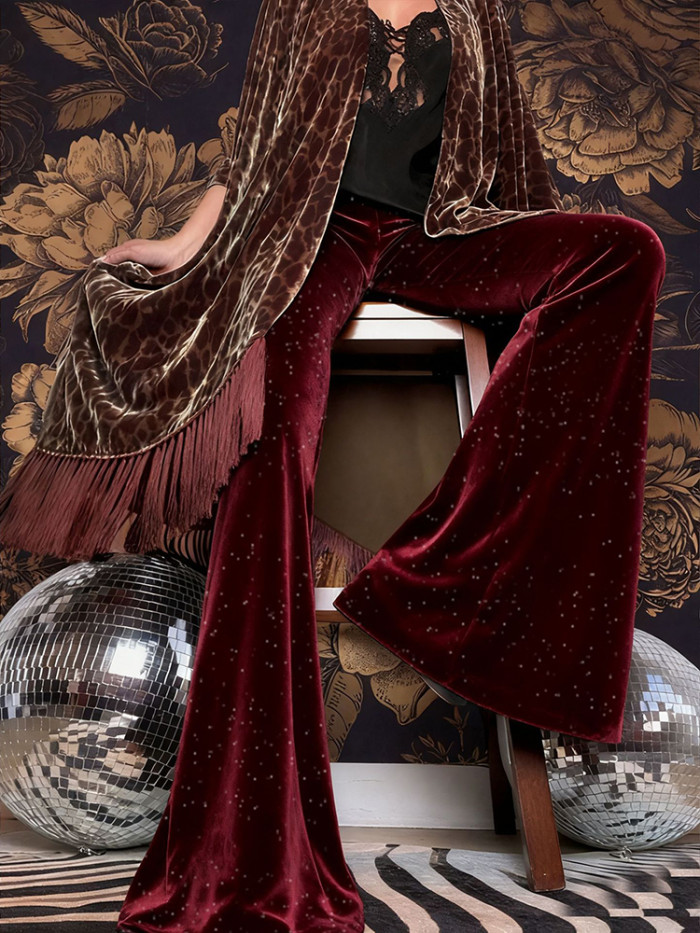Autumn Winter New Women Solid Color Commute Trousers Elegant Slim Temperament Pant Vintage Velvet Sequins High Waist Flare Pants