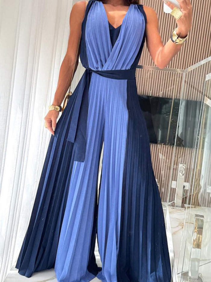Elegant V-neck Pleated Commute Rompers Lady High Waist Hollow Out Playsuits Fashion Contrast Color Sleeveless Wide Leg Jumpsuits