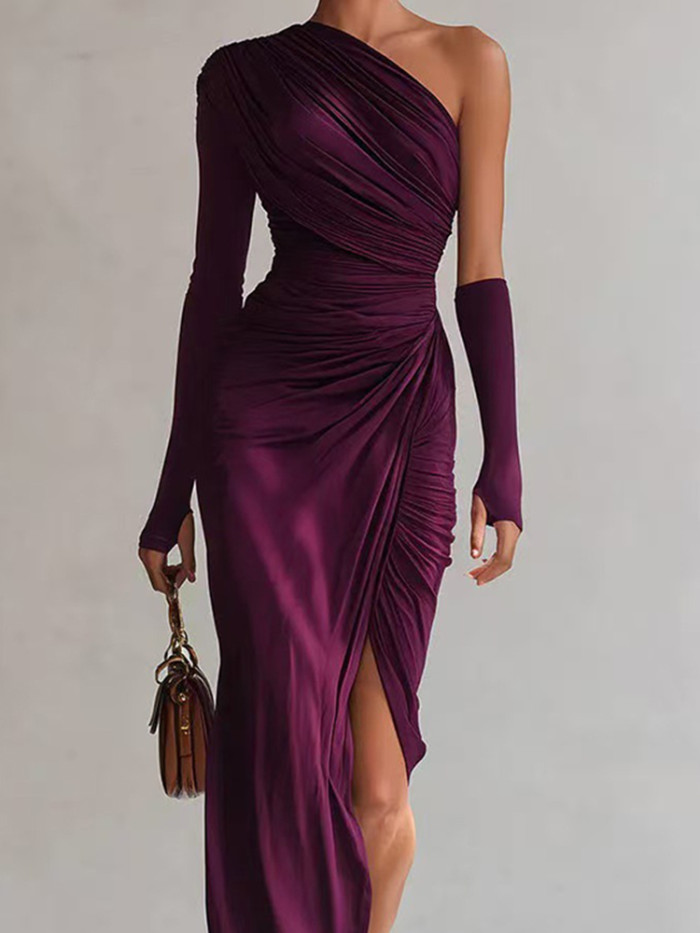 Elegant One-shoulder High Waist Party Dress New Pleated Slim Wrap Hips Dresses Sexy Slash Collar Asymmetry Solid Evening Dress