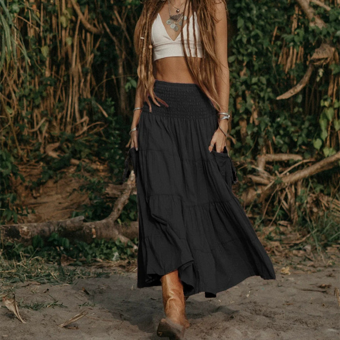 Summer New Elastic Waist Pocket Skirts Elegant Pleated Women's Commute A-line Skirt Casual Solid Color Bohemian Loose Half Skirt