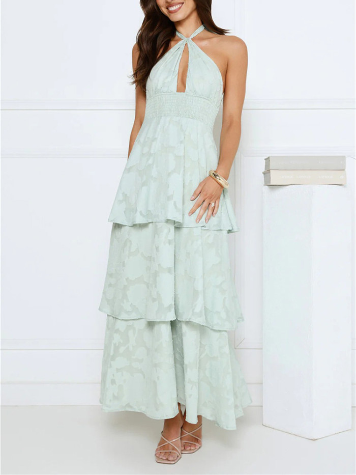 New Backless Tie Up Dress Sexy Hollow Out French Style Cake Dress Elegant Solid Color High Waist Evening Party Dress