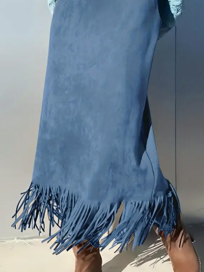 Casual Women's High Waist Commute Skirts Autumn Winter New Wrap Hips Skirt Vintage Solid High Waist Tassel Hem Suede-like Skirts