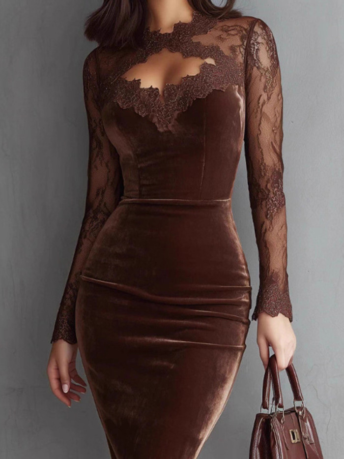 ✨Vintage Lace See-through Sleeve Velvet Dress | Women's Elegant High Waist Slim Party Dress✨