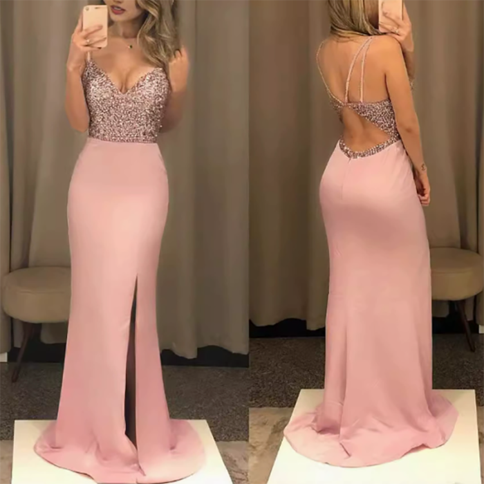 Elegant Women High Waist V-neck Wrap Hip Dress Fashion Shiny Sleeveless Hollow Out Dress Sexy Halter Sequins Slim Fishtail Dress