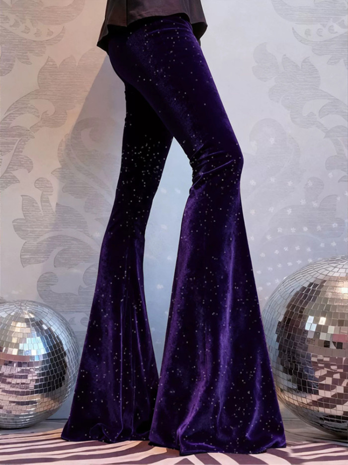 Autumn Winter New Women Solid Color Commute Trousers Elegant Slim Temperament Pant Vintage Velvet Sequins High Waist Flare Pants