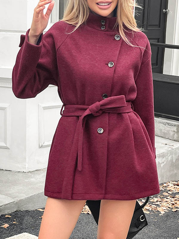 Tied Waist Split-Joint Solid Color Buttoned Loose Long Sleeves Stand Collar Outerwear Coats