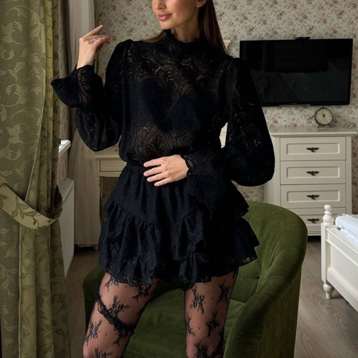 Elegant Solid Hollow Out Vacation Sets Spring New Women Loose Commute 2PC French Style Lace Lantern Sleeve Tops&Mini Skirts Sets