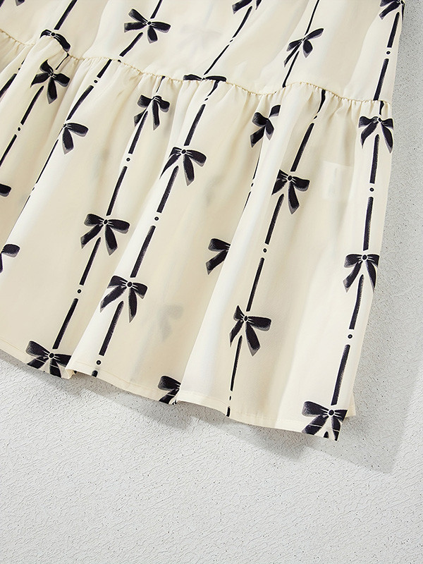 Split-Joint Printed Contrast Color Bowknot Short Sleeves Ruffle Sleeves Stand Collar Midi Dresses