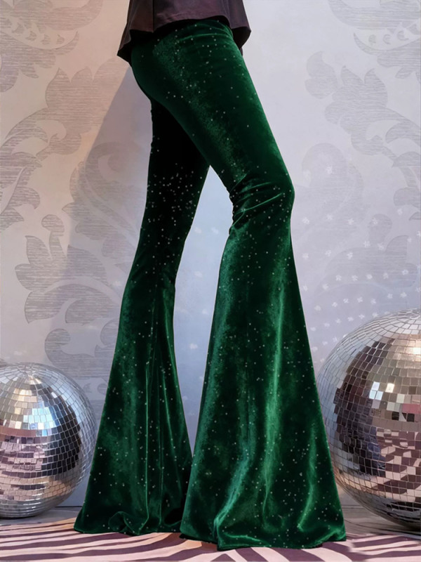 Autumn Winter New Women Solid Color Commute Trousers Elegant Slim Temperament Pant Vintage Velvet Sequins High Waist Flare Pants