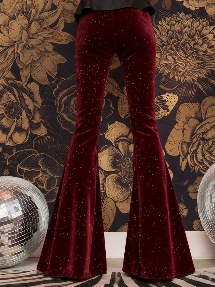 Autumn Winter New Women Solid Color Commute Trousers Elegant Slim Temperament Pant Vintage Velvet Sequins High Waist Flare Pants