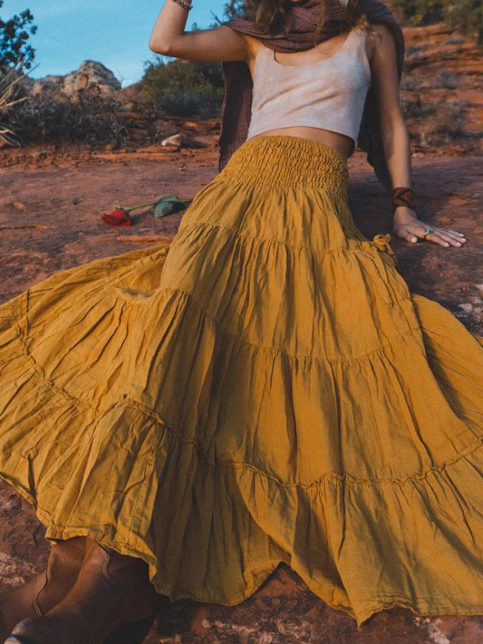 Summer New Elastic Waist Pocket Skirts Elegant Pleated Women's Commute A-line Skirt Casual Solid Color Bohemian Loose Half Skirt