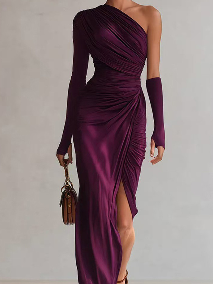Elegant One-shoulder High Waist Party Dress New Pleated Slim Wrap Hips Dresses Sexy Slash Collar Asymmetry Solid Evening Dress