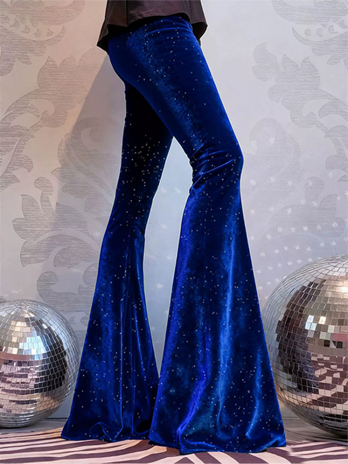 Autumn Winter New Women Solid Color Commute Trousers Elegant Slim Temperament Pant Vintage Velvet Sequins High Waist Flare Pants