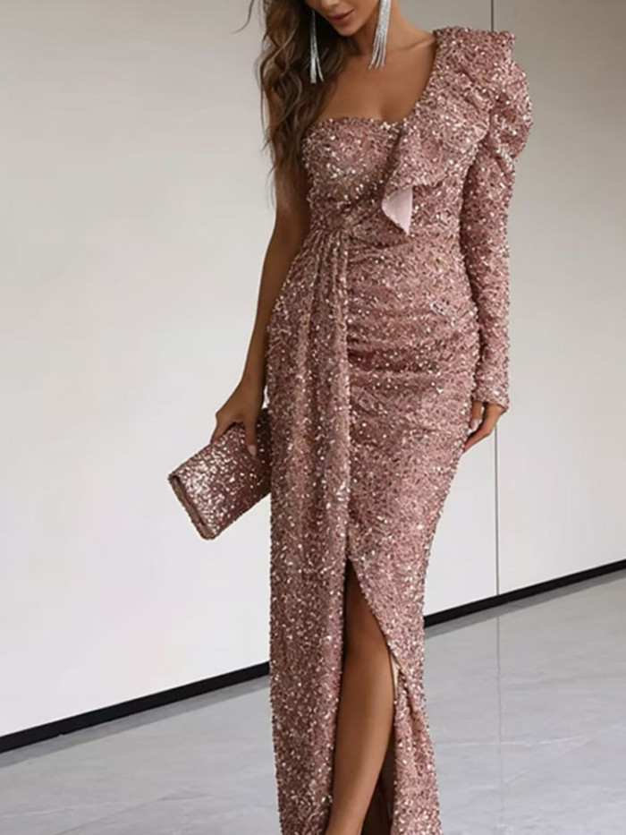 Temperament Luxury Sleeveless Ruffles Dress Lady Solid Slim Slit Banquet Dress Sexy Slash Collar Asymmetry Sequins Evening Dress