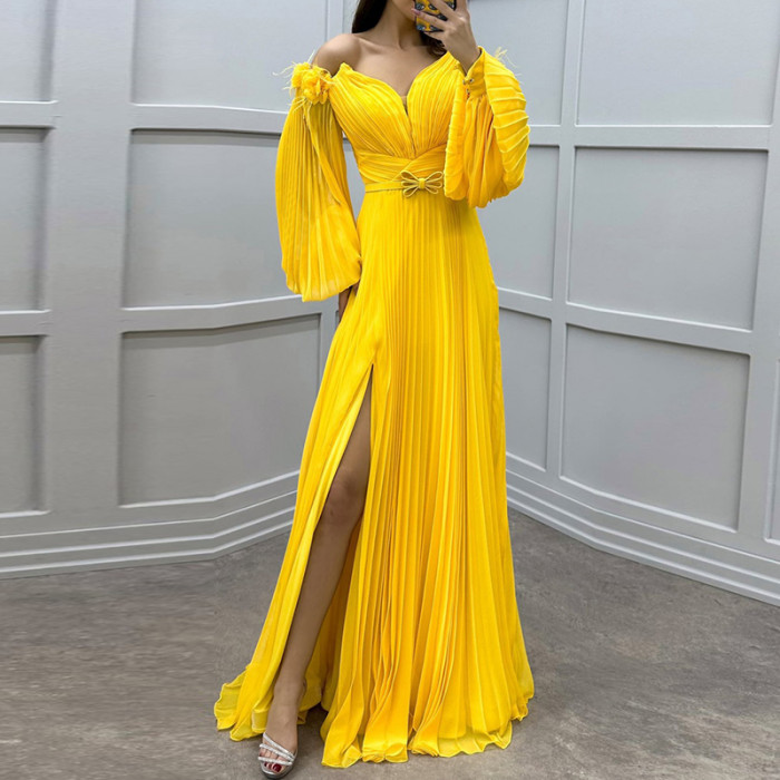 Luxury Long Sleeve Solid Big Hem Maxi Dress Temperament High Waist Lady Dress V-neck Off Shoulder Pleat Evening Dress for Women