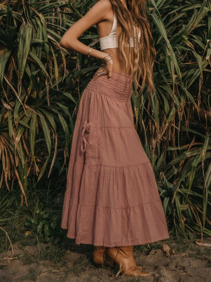 Summer New Elastic Waist Pocket Skirts Elegant Pleated Women's Commute A-line Skirt Casual Solid Color Bohemian Loose Half Skirt