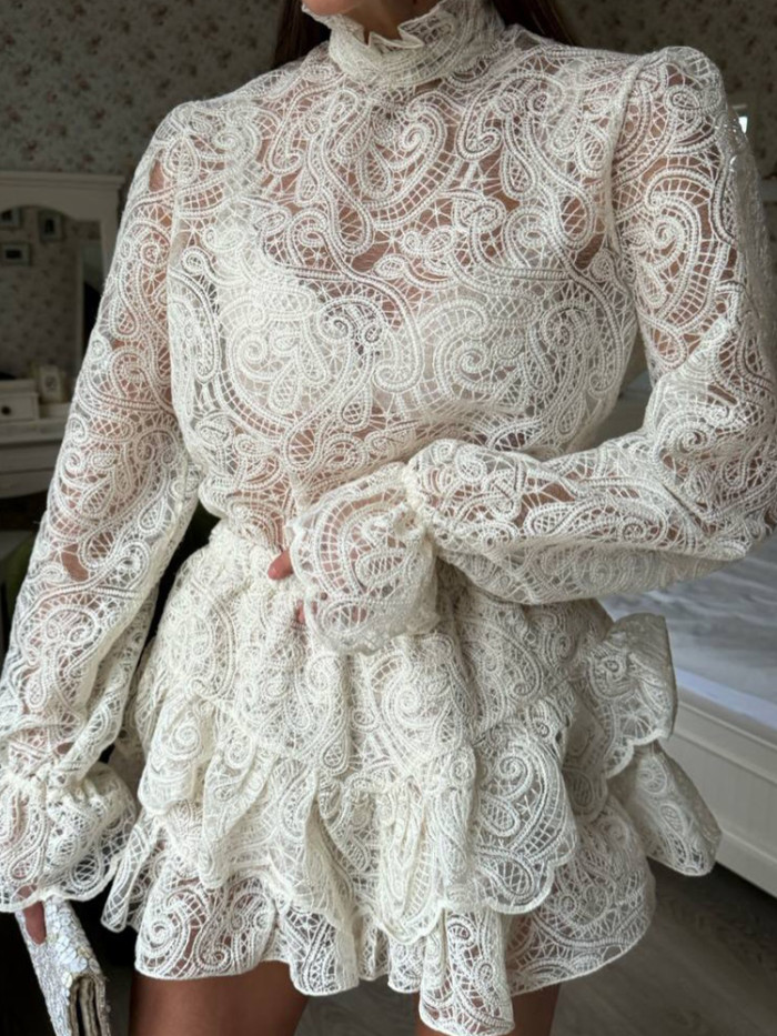 Elegant Solid Hollow Out Vacation Sets Spring New Women Loose Commute 2PC French Style Lace Lantern Sleeve Tops&Mini Skirts Sets