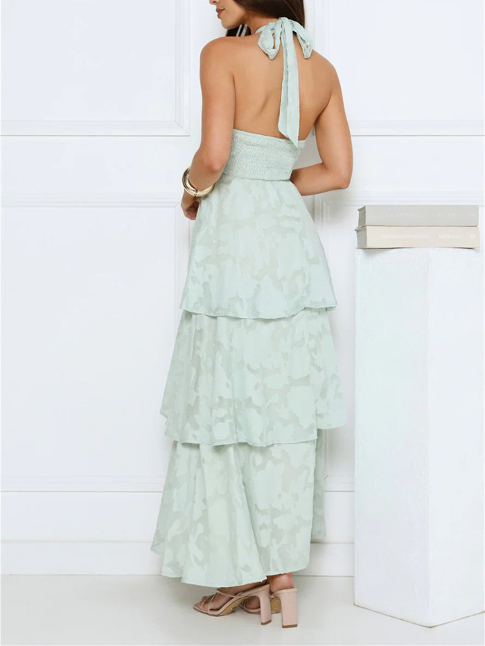 New Backless Tie Up Dress Sexy Hollow Out French Style Cake Dress Elegant Solid Color High Waist Evening Party Dress