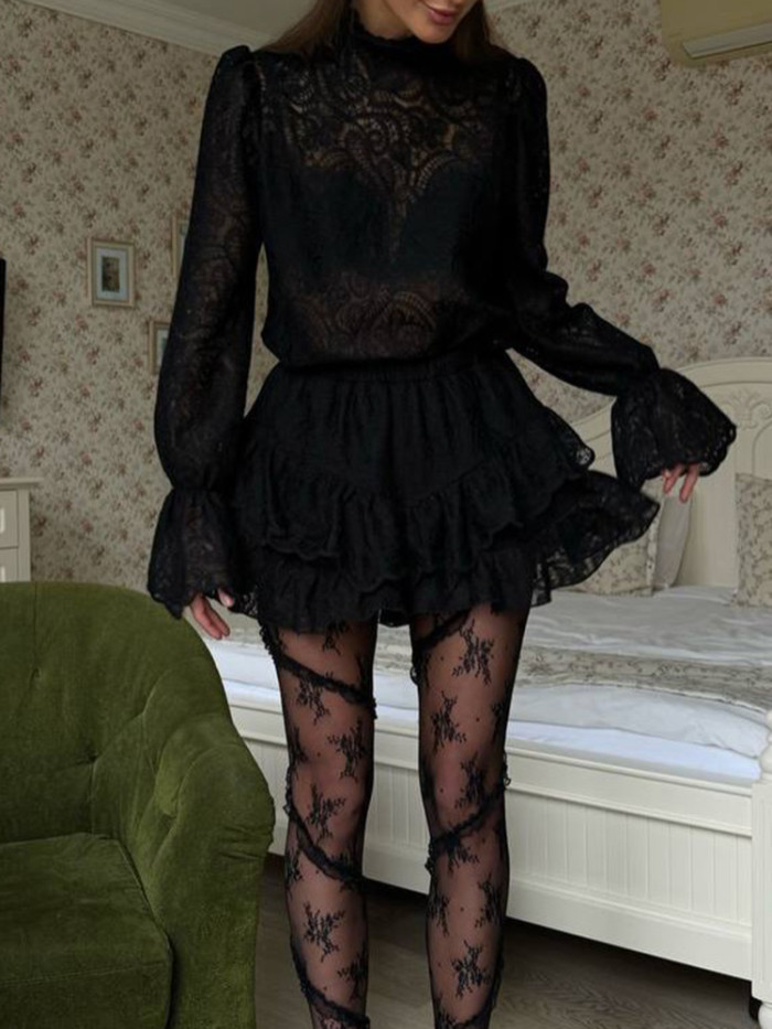 Elegant Solid Hollow Out Vacation Sets Spring New Women Loose Commute 2PC French Style Lace Lantern Sleeve Tops&Mini Skirts Sets