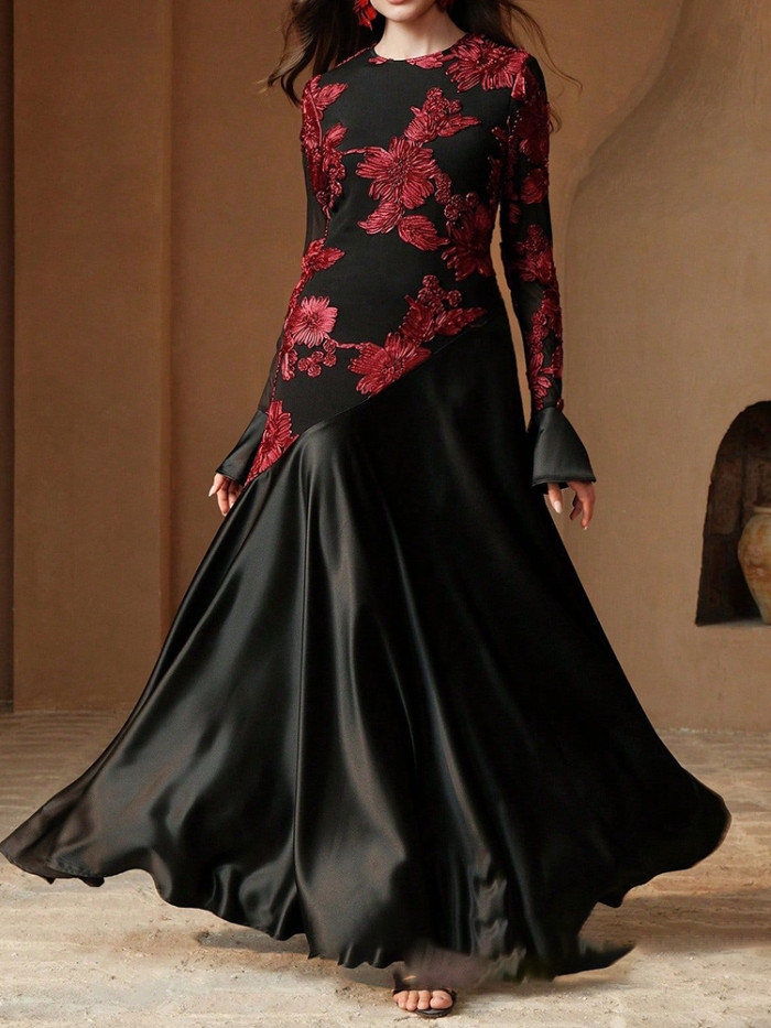 Temperament High Waist Dresses Vintage O-neck Embroidery Spliced Satin Evening Dress Elegant Flare Sleeve Women's Pleated Dress