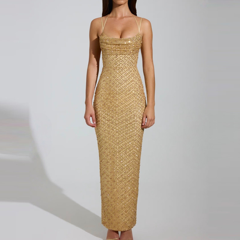 Elegant Lady High Waist Sleeveless Party Dress Temperament Glitter Luxury Banquet Dress Sexy Hollow Out Slim Sequin Halter Dress