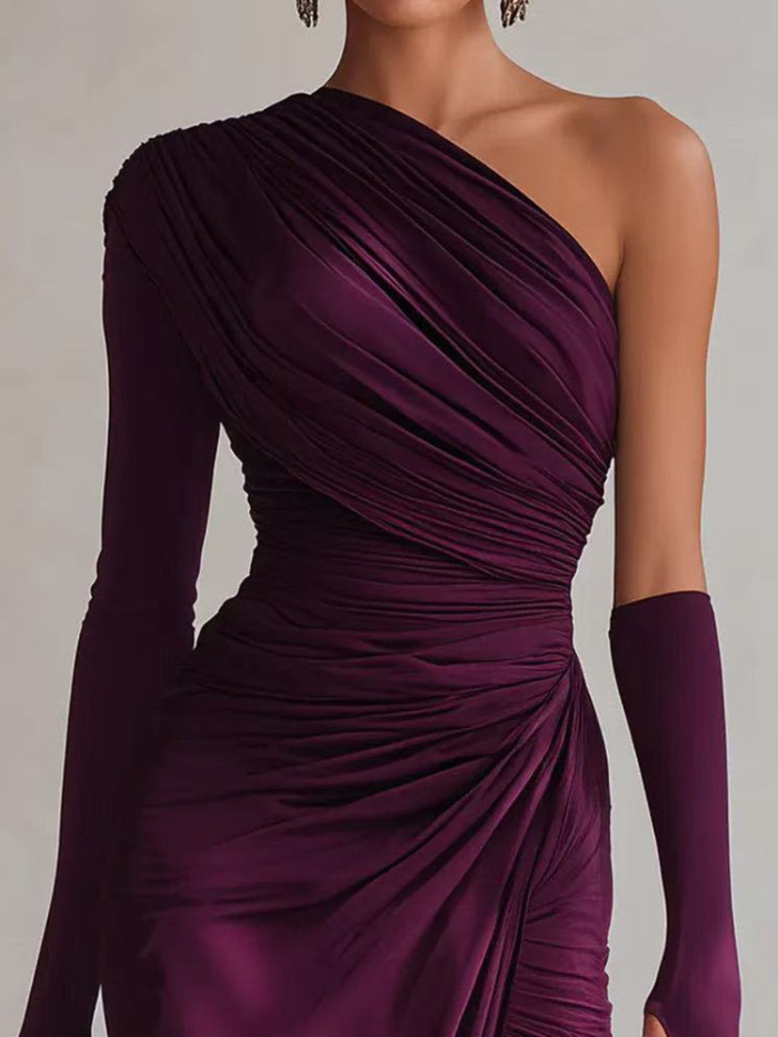 Elegant One-shoulder High Waist Party Dress New Pleated Slim Wrap Hips Dresses Sexy Slash Collar Asymmetry Solid Evening Dress