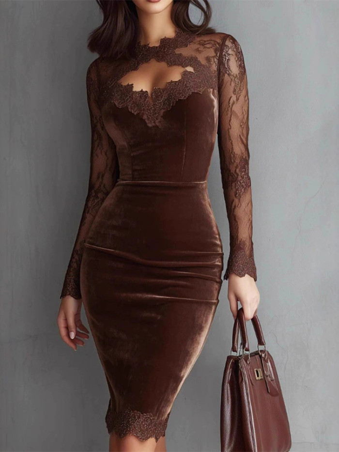 ✨Vintage Lace See-through Sleeve Velvet Dress | Women's Elegant High Waist Slim Party Dress✨