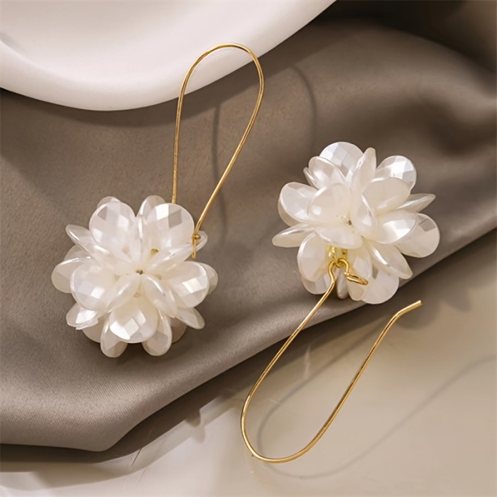 Exaggerated Long Floral Ball White Petal Ear Clips ✨