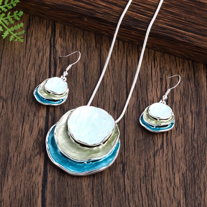 Round Zinc Alloy Set CRING COCO Bohemian 3-Layer Round Zinc Alloy Enamel Jewelry Set - Elegant Women'S Gift for Valentine'S Day, Parties & Holidays, Includes Necklace and Earrings, Party Jewelry|Bohemian Style|Zinc Alloy Jewelry
