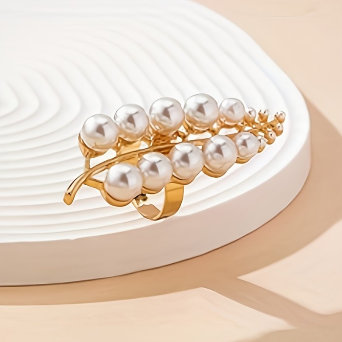 Elegant Long Imitation Pearl Leaf Ring - Golden-Toned Alloy with Imitation Imitation Pearl, Stylish Everyday & Party Jewelry for Women