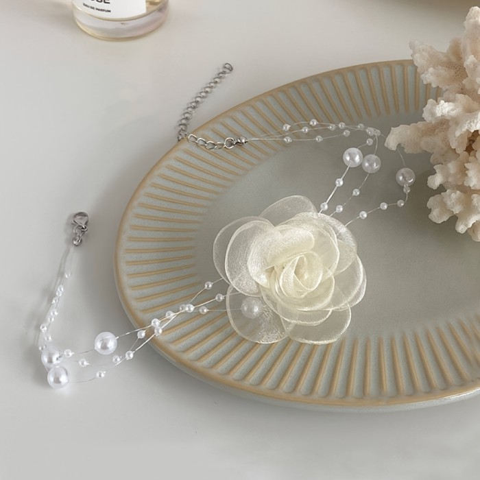 French Romantic Multi-Layer Faux Pearl Flower Necklace Trendy Fashion Accessory