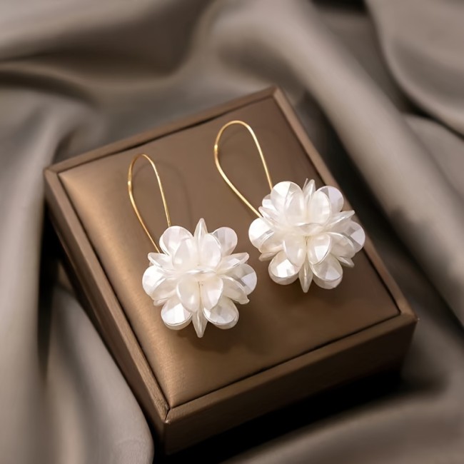 Exaggerated Long Floral Ball White Petal Ear Clips ✨