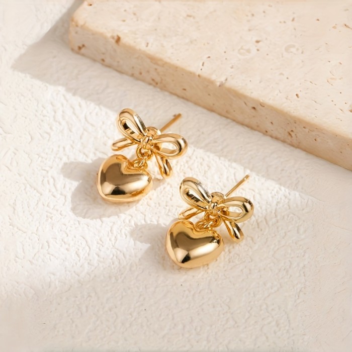 1 Pair of Charming Vintage Bow Heart Dangling Earrings, Elegant Temperament, Suitable for Women'S Daily Commuting And Holiday Decoration