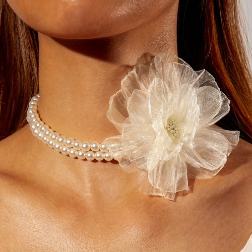 1pc Elegant Minimalist White Double Layer Necklace with White K Flower Pendant - European Special Line for Women, Wedding, Party, Banquet, Year-Round Wear, Versatile Timeless &