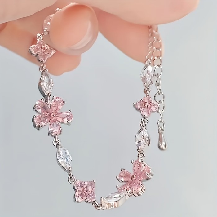 1pc Women's Pink Sakura (Cherry Blossom) Bracelet with Cubic Synthetic Zirconia Petal Flowers & Sakura Chain - Adjustable Blush for Daily Wear,,, -Themed Events - Year-Round Elegant Access