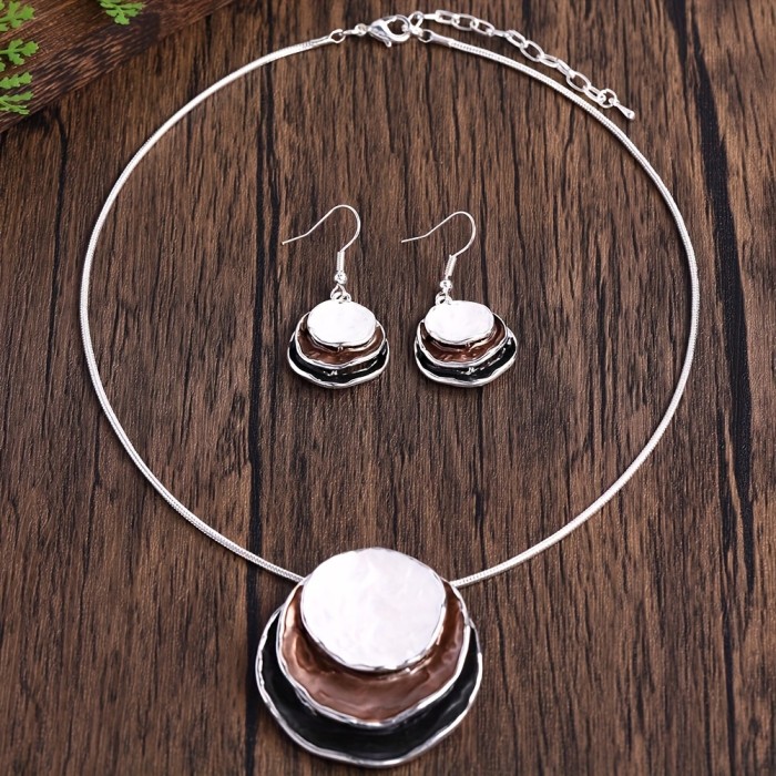 Round Zinc Alloy Set CRING COCO Bohemian 3-Layer Round Zinc Alloy Enamel Jewelry Set - Elegant Women'S Gift for Valentine'S Day, Parties & Holidays, Includes Necklace and Earrings, Party Jewelry|Bohemian Style|Zinc Alloy Jewelry