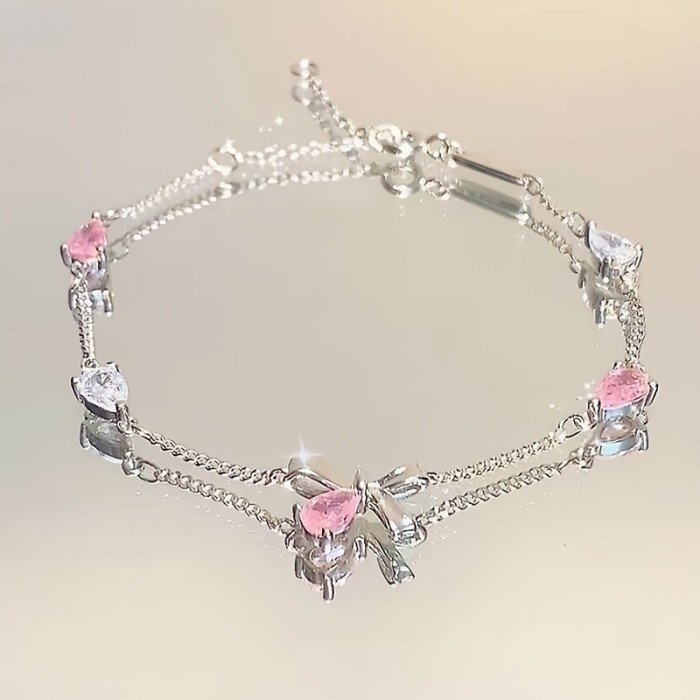 1pc Women's Pink Sakura (Cherry Blossom) Bracelet with Cubic Synthetic Zirconia Petal Flowers & Sakura Chain - Adjustable Blush for Daily Wear,,, -Themed Events - Year-Round Elegant Access