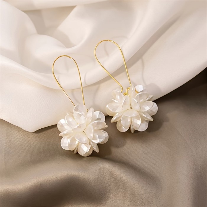 Exaggerated Long Floral Ball White Petal Ear Clips ✨
