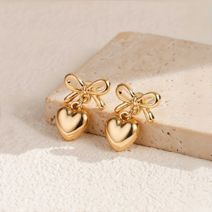 1 Pair of Charming Vintage Bow Heart Dangling Earrings, Elegant Temperament, Suitable for Women'S Daily Commuting And Holiday Decoration