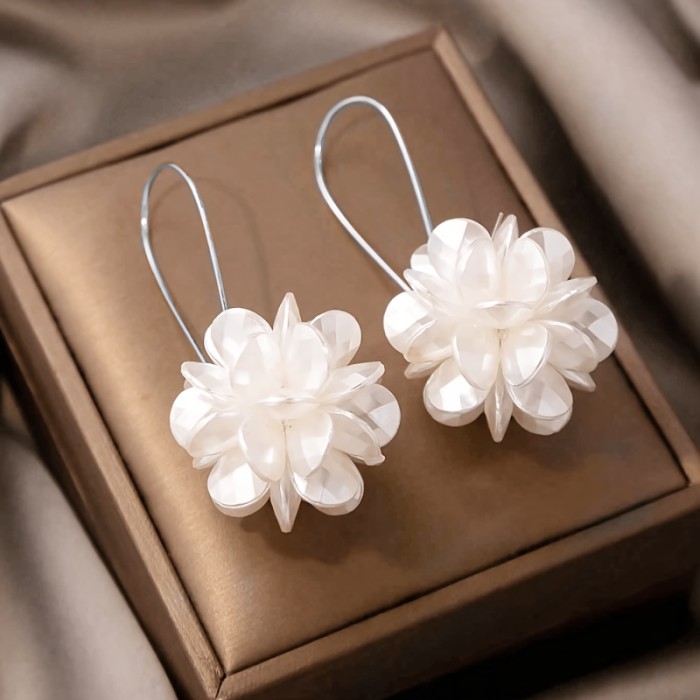 Exaggerated Long Floral Ball White Petal Ear Clips ✨
