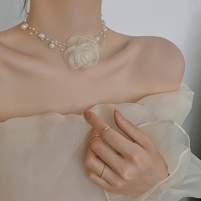 French Romantic Multi-Layer Faux Pearl Flower Necklace Trendy Fashion Accessory